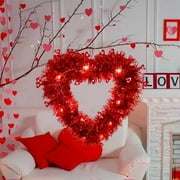 Pre-Lit Valentine Heart Shaped Wreaths, Red Tinsel Heart Shaped Wreaths with Foil and LED Light Hearts Love Hanging for Valentine's Day Wedding Front Door Wall Window Mantel Decor